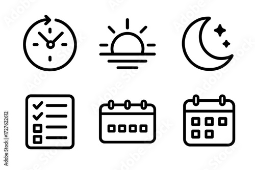 Daily Routine Icons. Daily breakdown icons in outline style: 24-hour cycle wheel, sunrise, midday sun, evening moon, task slots, calendar strip