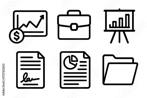 Business Planning Icons. Business planning icons in outline style: economic forecast, briefcase, chart board, contract paper, report sheet, folder
