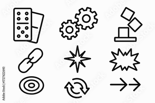 Icons of Interaction. Objects icons in outline style: dominoes, gears, falling blocks, chain links, spark, explosion burst, ripple circle, arrow