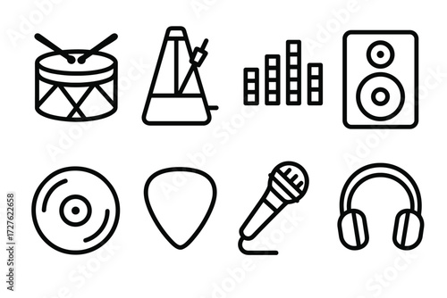 Musical Icons Collection. Objects icons in outline style: drum, metronome, equalizer bars, speaker, vinyl record, guitar pick, microphone, headphones
