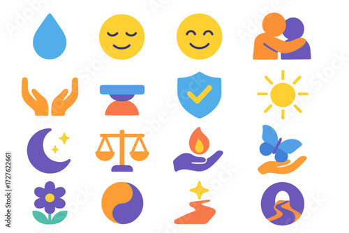 Icons of Emotional Support. Emotional support in modern flat vector : tear drop, calm face, smiling face, comforting hug, caring hands, strong