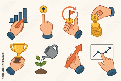 Hand Gesture Icons. Gestures set icons in modern isometric flat : hand drawing bar, hand pointing upward, hand circling milestone, hand placing coin