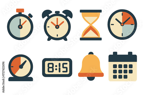 Time Icons. Time tools set of icons in abstract flat : stopwatch, alarm clock, hourglass, wall clock, timer dial, digital display, bell, calendar.