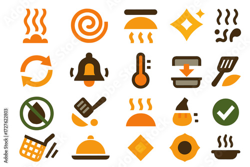 Cooking Icons Set. Cooking actions set of icons in abstract flat : steam wave, hot air swirl, heating lines, crisp sparkle, rotating arrows, timer