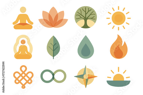 Abstract Wellness Icons. Wellness quiet joy set of icons in abstract flat : yoga pose, lotus flower, tree of life, radiant sun, glowing aura,