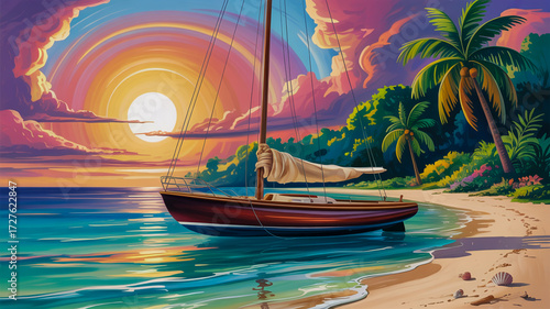 Sailboat on Tropical Beach Sunset yacht