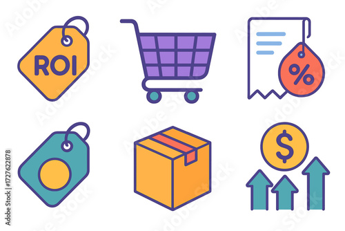E-commerce Icon Set. E-commerce in modern flat vector : ROI tag, shopping cart, receipt, discount tag, package, cash gain