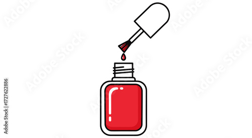 Illustration of an open bottle of red nail polish with a dripping brush.