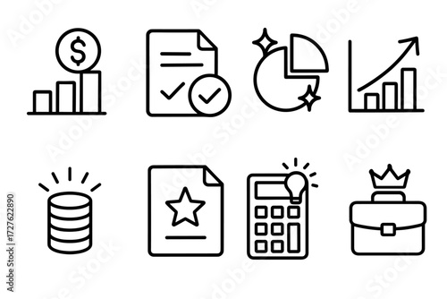 Financial Success Icons. Symbols icons in outline style: chart with dollar sign, document with checkmark, pie chart with sparkles, graph with upward