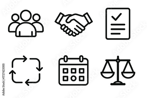 Team Balance Icons. Team balance icons in outline style: group of people, handshake, task card, flow arrows, shared calendar, balance scale