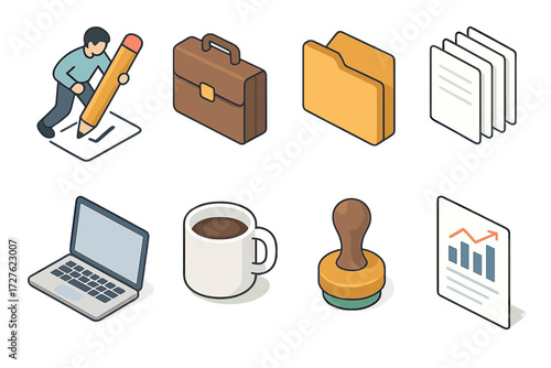 Work Process Icons. Work process set icons in modern isometric flat : execution phase, briefcase, folder, document stack, laptop, coffee mug, approval