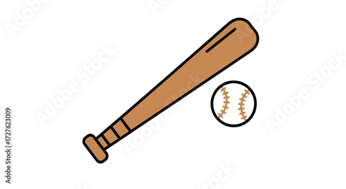 Classic Wooden Baseball Bat and White Baseball Cartoon Illustration for Sports Game.