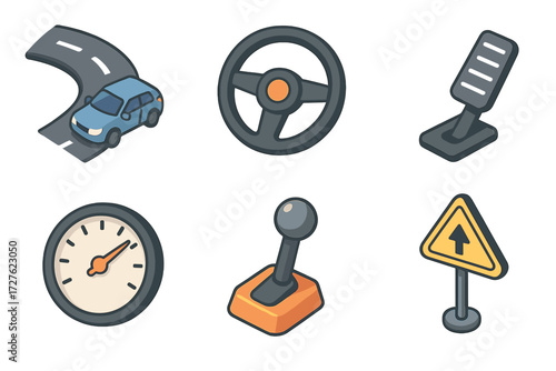 Driving Skills Icons. Driving skills set icons in modern isometric flat : drift turn, steering wheel, pedal, speedometer, gearshift, road sign