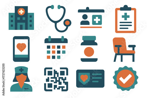 Healthcare Icon Set. Healthcare check-in set of icons in abstract flat : hospital building, stethoscope, medical ID card, clipboard form, smartphone