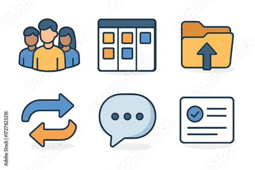 Isometric Workflow Icons. Team workflow set icons in modern isometric flat : group of people, kanban board, shared folder, flow arrows, chat bubble,