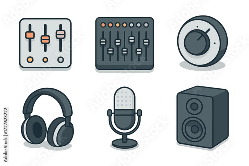 Modern Audio Icons. Audio setup set icons in modern isometric flat : panel toggle, mixing desk, volume knob, headphone, mic, bass speaker