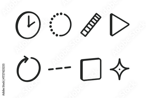 Time Lapse Icons. Minimalist time lapse symbols set icons in modern isometric flat : plain clock, dotted circle, striped bar, fast-forward triangle,