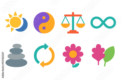 Minimal Balance Icons. Balance icons in modern flat vector : symbol pair, sun and moon, yin-yang, scale, infinity loop, rock stack, arrow cycle,