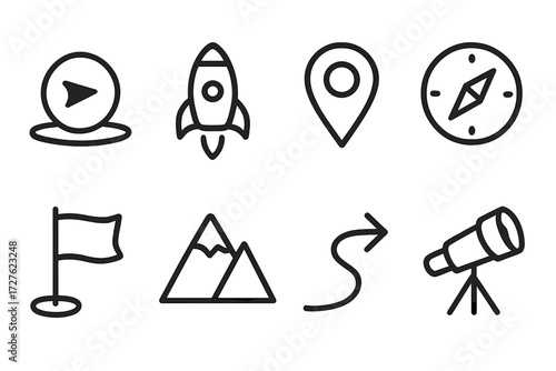 Adventure Icons Set. Adventure icons icons in outline style: mission start, rocket, map pin, compass, flag marker, mountain peak, path arrow,