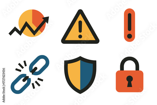 Risk Icon Set. Risk symbols set of icons in abstract flat : price fluctuation, warning triangle, exclamation mark, broken chain, shield, lock