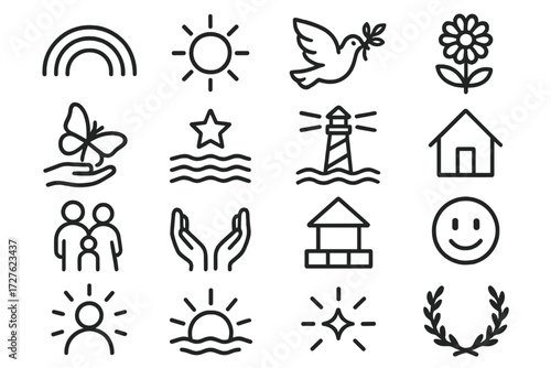 Symbols of Hope. Hope beyond icons in outline style: rainbow arc, shining sun, peace dove, blooming flower, butterfly release, rising star, harmony