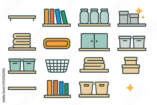 Minimalist Shelf Design. Minimalist style in modern flat vector : empty shelf, neat row, color-coded books, uniform jars, monochrome boxes, folded