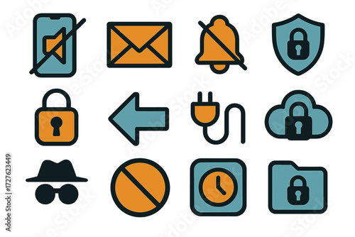 Digital Privacy Icons. Digital boundaries set of icons in abstract flat : smartphone with mute, email envelope crossed out, notification bell off,