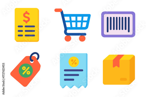 Minimalist Retail Icons. Retail icons in modern flat vector : price list, shopping cart, barcode, discount tag, receipt, package