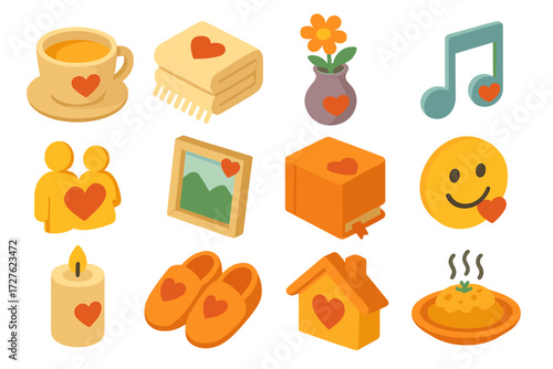 Cozy Home Icons. Daily life strong heart set icons in modern isometric flat : cup of tea, cozy blanket, flower vase, music note, family silhouette,