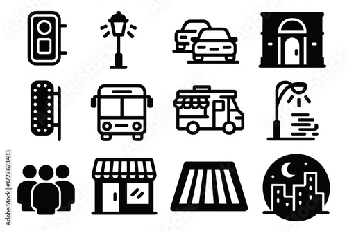 Nightlife Icons Collection. Night busy street icons in outline style: neon sign, lamppost glow, parked cars, bar entrance, cinema sign, night bus,