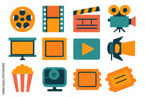Cinema Icons Collection. Basic film grain in modern flat vector : film reel, film strip, clapperboard, movie camera, projector, grain texture dots,
