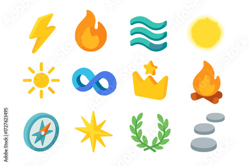 Symbolic Music Energy Icons. Symbolic music energy set icons in modern isometric flat : lightning bolt, flame, harmony wave, glowing aura, radiant sun