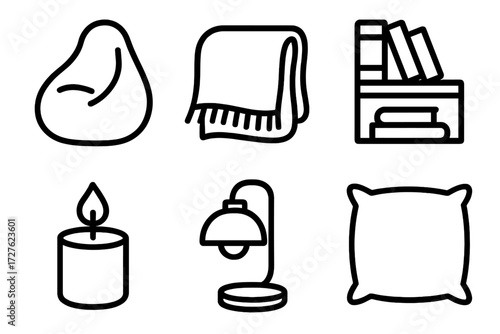 Relaxation Icons Collection. Relax spot icons in outline style: bean bag, blanket, bookshelf, candle, warm lamp, pillow