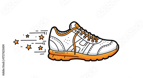 White and orange athletic running shoe with motion lines and stars.