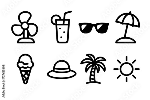 Summer Cooling Icons. Summer cooling icons in outline style: fan blades, cold drink, sunglasses, beach umbrella, ice cream, hat, palm tree, shining