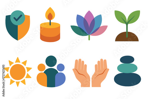 Holistic Care Icons. Holistic care set of icons in abstract flat : health check, candle flame, lotus flower, leaf sprout, sun, family group, open