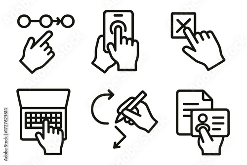 Hand Gesture Icons. Gestures icons in outline style: hand pointing at flow, hand tapping phone, hand checking box, hand typing on laptop, hand