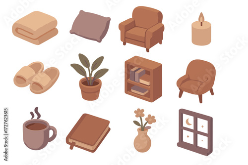 Cozy Night Icons. Calm late night set icons in modern isometric flat : blanket, pillow, armchair, candle, slippers, plant pot, bookshelf, warm drink,