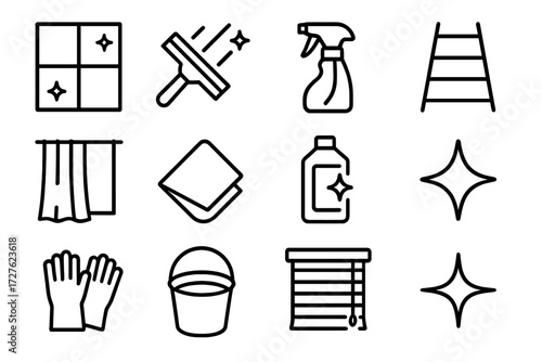 Window Cleaning Icons. Glass and window wipe icons in outline style: window pane, squeegee, spray bottle, ladder, curtain, folded rag, glass cleaner,
