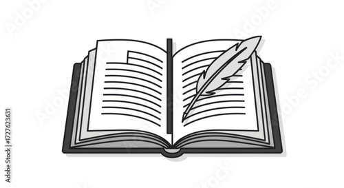 Open Book with Quill Pen Classic Writing Illustration.