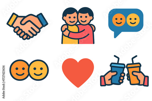 Iconic Friendship Symbols. Friendship bond in modern flat vector : handshake, hug icon, smiling faces, chat bubble, heart, shared drink