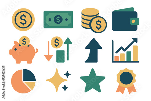 Financial Icons Set. Basic revenue stream set of icons in abstract flat : dollar coin, banknote, coin stack, wallet, piggy bank, cash flow arrows,