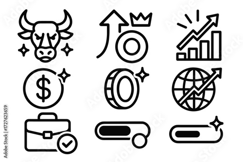 Symbolic Icons in Black. Symbols icons in outline style: bull with sparkles, arrow with crown, chart with rays, dollar with star, coin with glow,