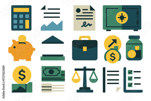 Finance Icon Collection. Finance tools set of icons in abstract flat : calculator, invoice paper, contract document, safe box, piggy bank, bank