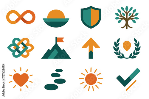 Abstract Icon Symbols. Symbolic setup wizard set of icons in abstract flat : infinity loop, sunrise horizon, protective shield, tree of life, harmony