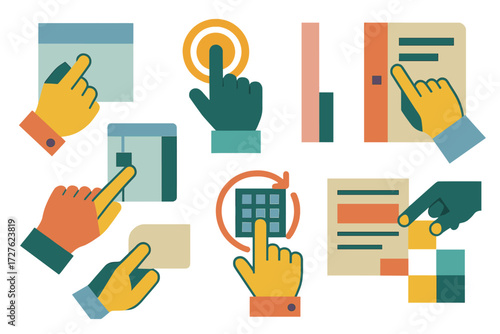 Gesture Icon Set. Gestures set of icons in abstract flat : hand dragging panel, hand tapping button, hand pointing at sidebar, hand resizing window,