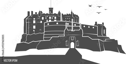 Vector illustration of medieval castle fortress on rocky hill with towers, battlements, birds, grayscale silhouette, historic architecture and gate.
