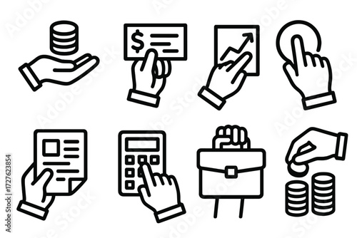 Financial Gestures Icons. Gestures icons in outline style: hand holding coin stack, hand lifting paycheck, hand pointing at upward chart, hand