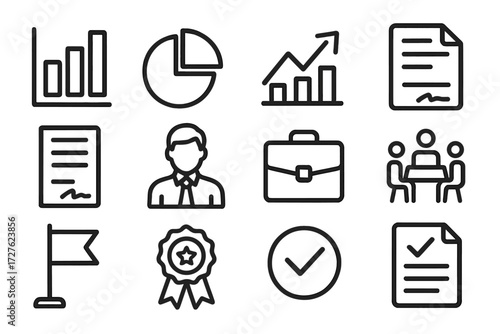 Business Icon Set. Business final score icons in outline style: bar chart, pie chart, growth arrow, report sheet, contract paper, supervisor figure,