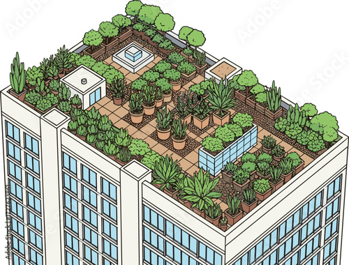 Urban Rooftop Garden with Potted Plants, Fountain, Greenhouse, Pathways, Trees and Raised Beds on High-Rise Building for Sustainable Living